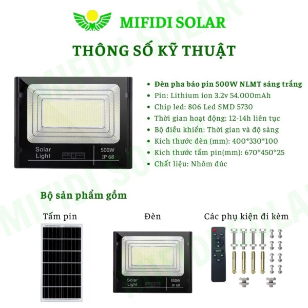 ĐÈn Pha BÁo Pin NĂng LƯỢng MẶt TrỜi Mifidi Solar 500w Ánh SÁng TrẮng HiỆn ĐẠi, Cao CẤp