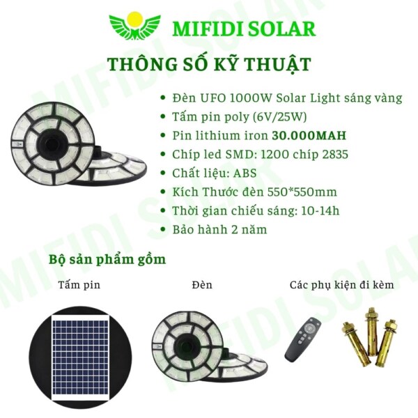 ĐÈn Ufo 1000w NĂng LƯỢng MẶt TrỜi Mifidi Solar Ánh SÁng VÀng HiỆn ĐẠi, Cao CẤp