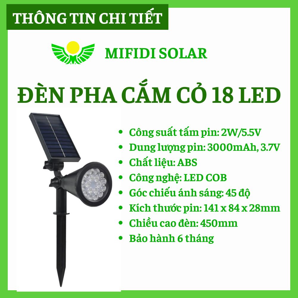 ĐÈn Pha CẮm CỎ Mifidi Solar LoẠi 18 Led Cao CẤp