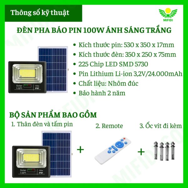 (tẤm Pin Mono) ĐÈn NĂng LƯỢng MẶt TrỜi 100w Mifidi Solar Pha Cao CẤp Ánh SÁng TrẮng