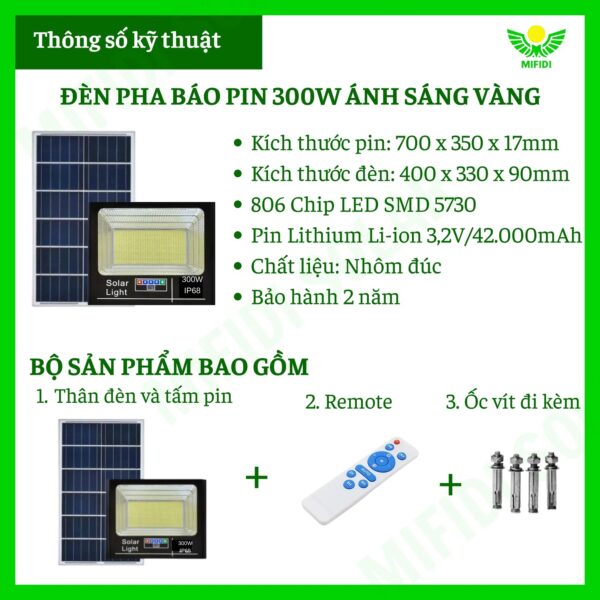 ĐÈn NĂng LƯỢng MẶt TrỜi 300w Mifidi Solar Pha Cao CẤp Ánh SÁng VÀng