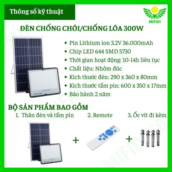 (tẤm Pin Mono) ĐÈn ChỐng ChÓi NĂng LƯỢng MẶt TrỜi Mifidi 300w HiỆn ĐẠi, Cao CẤp