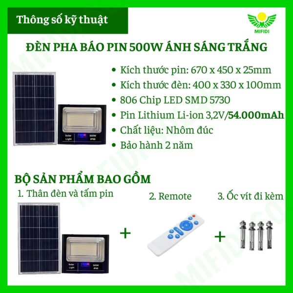 (tẤm Pin Mono) ĐÈn NĂng LƯỢng MẶt TrỜi 500w Mifidi Solar Pha BÁo Pin Cao CẤp SÁng XuyÊn ĐÊm