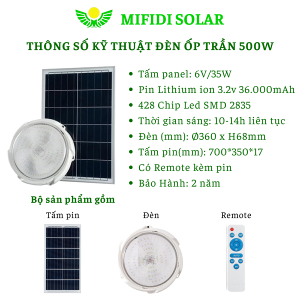 (tẤm Pin Mono) ĐÈn Ốp TrẦn 500w Mifidi Solar Ánh SÁng TrẮng HiỆn ĐẠi, Sang TrỌng