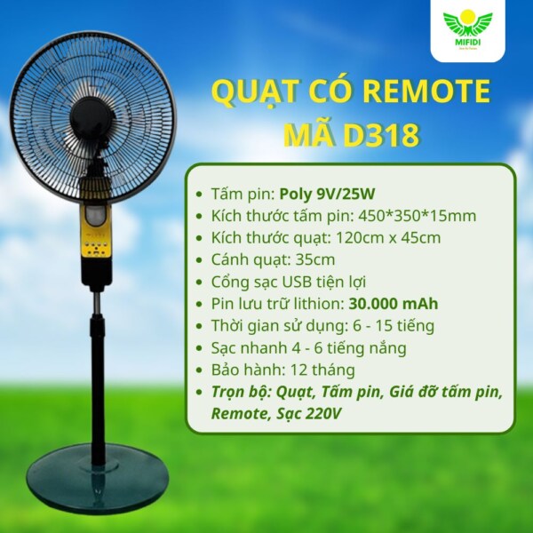 QuẠt ĐỨng D318 CÓ Remote NĂng LƯỢng MẶt TrỜi Mifidi Solar Cao CẤp