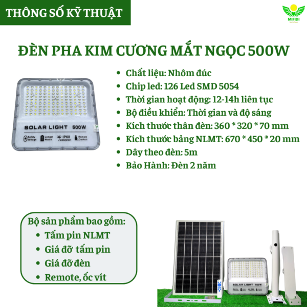 ĐÈn Pha BÁo Pin NĂng LƯỢng MẶt TrỜi Mifidi Solar Kim CƯƠng 500w HiỆn ĐẠi, Cao CẤp